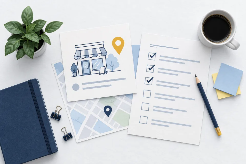 Business profile audit illustrated with an identity card, location pin and checklist